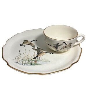 Georgian China Snack Plate & Tea Cup Set USA Breakfast Geese Cabincore Birds '50